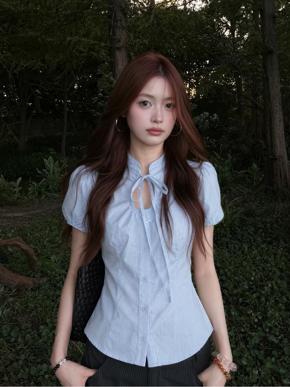 Light Blue Tie-Neck Short Sleeve Blouse